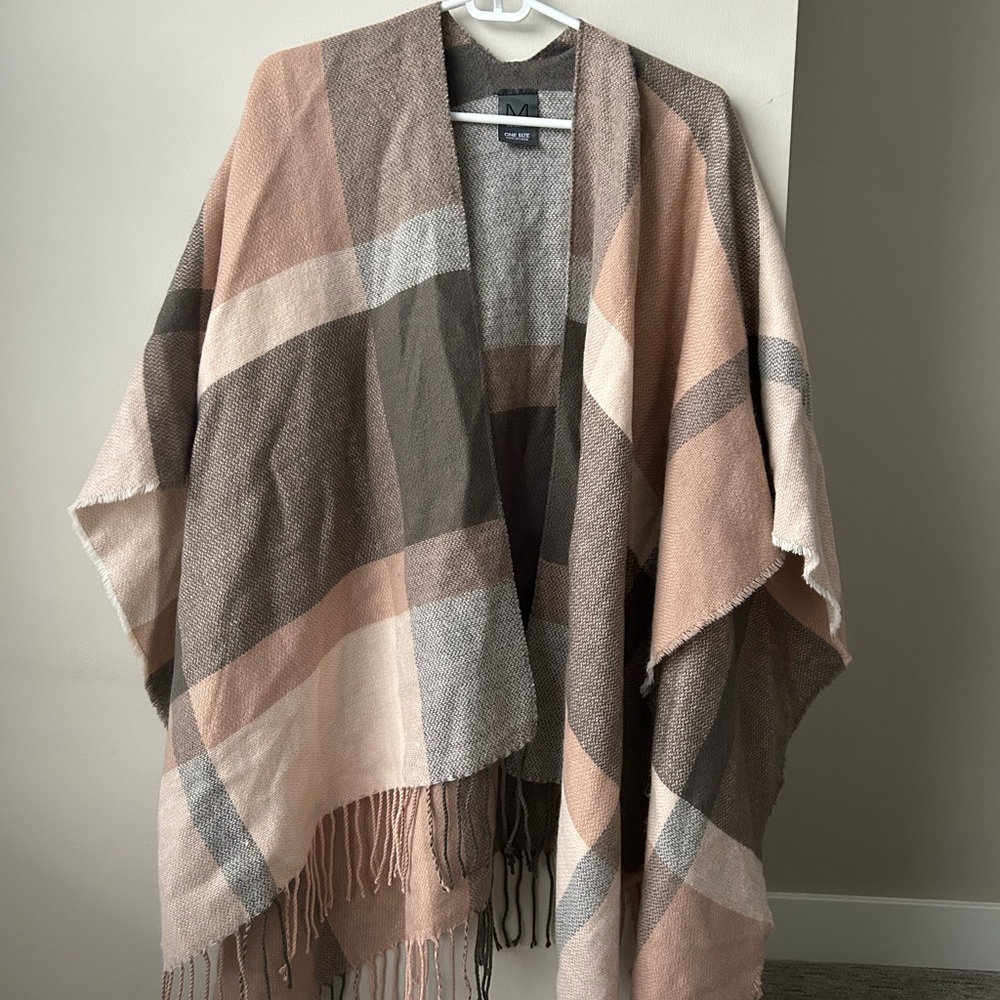 Pink/Brown/Gray Plaid Shawl with Fringe
